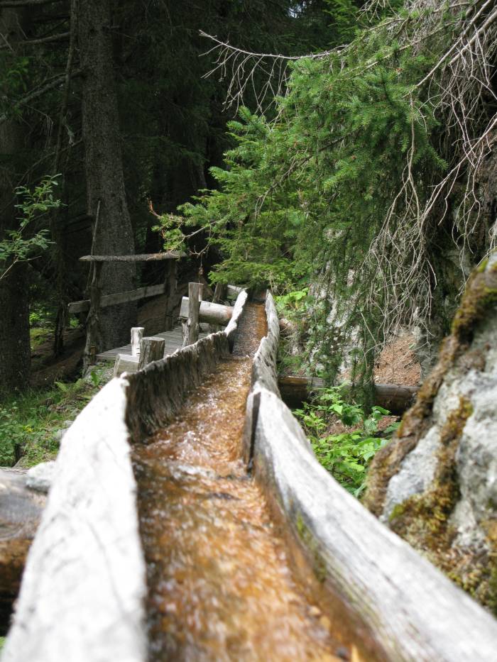 Dieser Holzkanal gehört zum «Aual Foppumvasch» bei Guad. Derzeit fliesst dort leider kein Wasser, weil die Kanäle von einem Steinschlag stark beschädigt wurden.